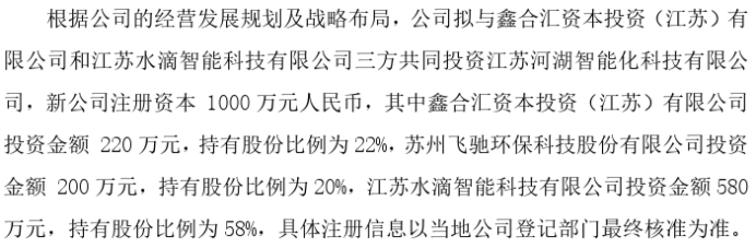 熊猫体育官网：疾驰环保拟投资200万设立江苏河湖智能化科技有限公司 持股20%(图1)